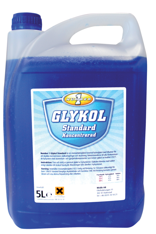 Number 1 Glykol Standard är en monoetylenglykol-baserad kylarglykol med tillsatser för att skydda mot korrosion, kalkavlagringar och skumning
